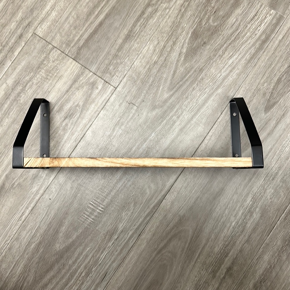 Wood and metal shelf.